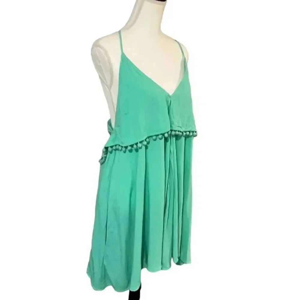 Loveriche size L NWT aqua green tank dress w/spaghetti straps and Pom-Pom trim - Picture 2 of 10